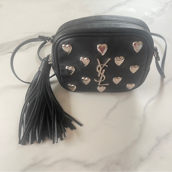 YSL 100% AUTHENTIC BLACK LEATHER HEART STUDDED HANDBAG - Picture 7 of 8